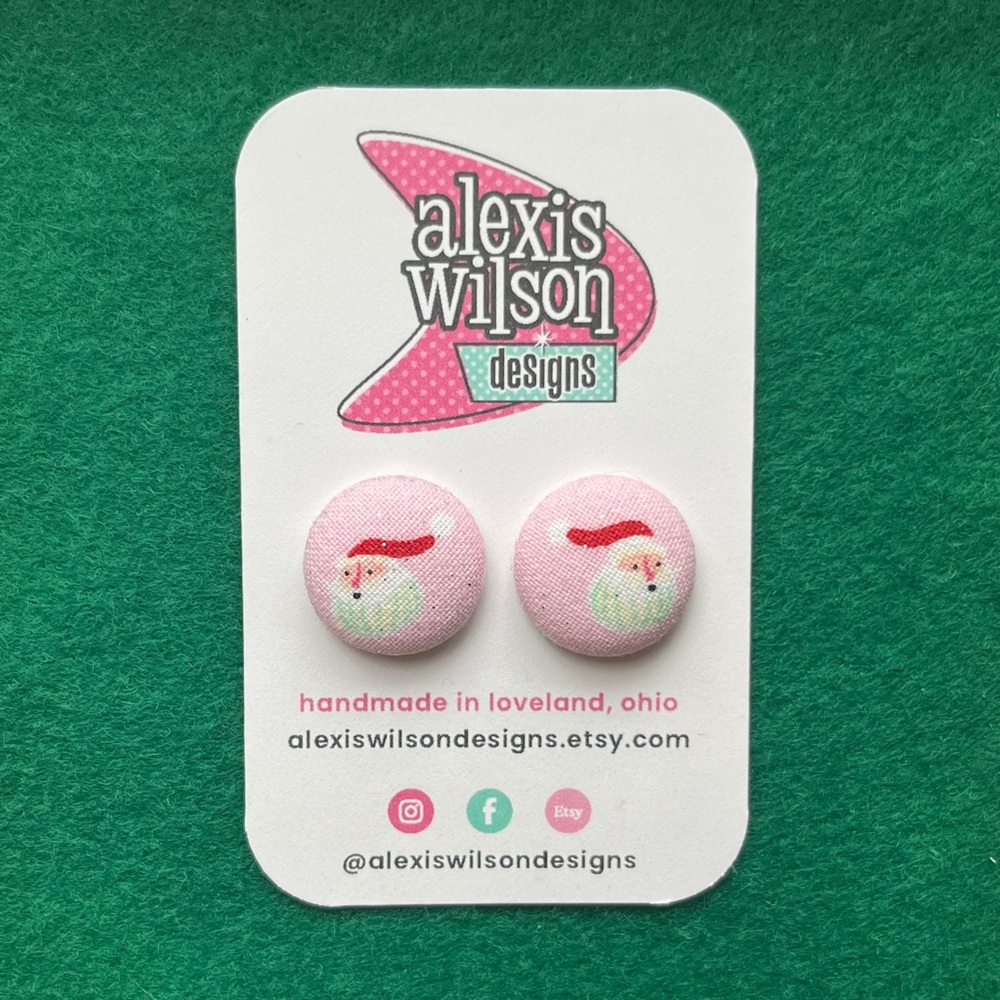 Retro Santa Claus Fabric Button Stud Earrings, Pink Christmas Stud Earrings
